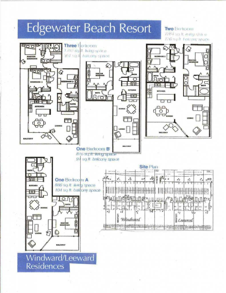 Image of floorplans at the Windward/Leeward condos at our Edgewater Beach rentals in Panama City Beach, FL. 