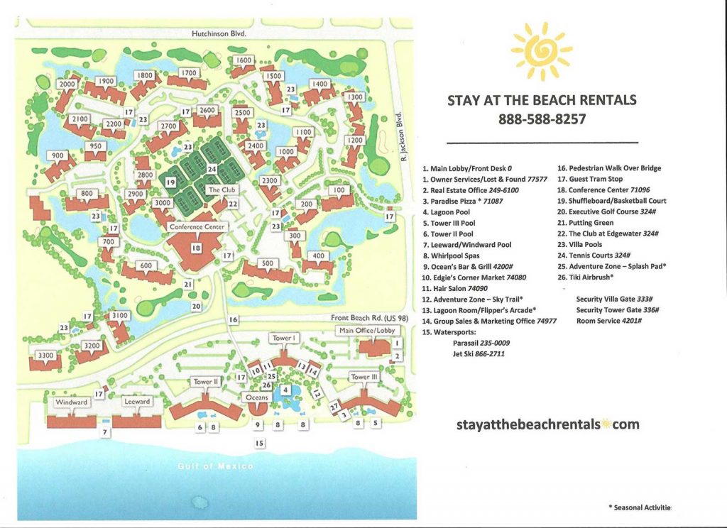 Map of the buildings and amenities at Edgewater Beach Resort in Panama City Beach FL. Find vacation condos at Edgewater Resort.